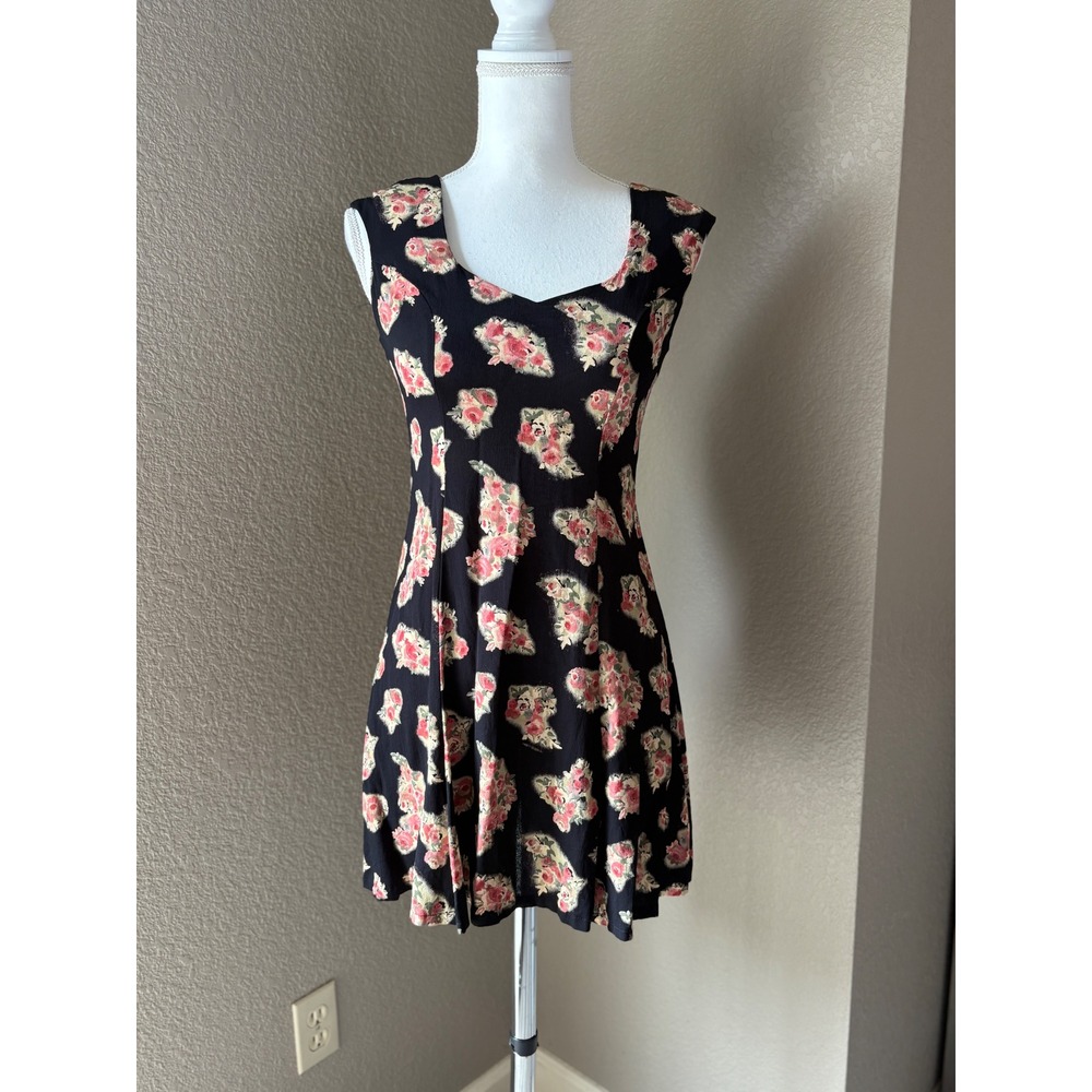 Mica Vintage 90s Floral Mini Dress Womens Black Pink Rayon Fit Flare Sleeveless